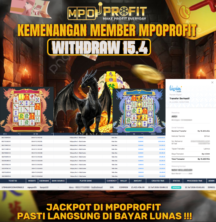 MPOPROFIT JACKPOT SLOT PRAGMATIC! KEMENANGAN MURNI DI (MAHJONG BLACK SACTTER  TOTAL 15.423.456,- LUNAS)